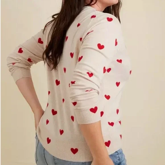 Torrid Cream Cardigan with Red Heart Pattern - Picture 3 of 5